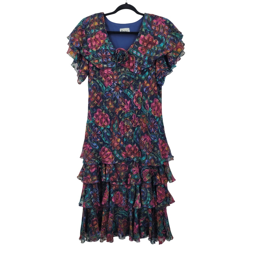 Vtg Patra Dark Floral Tiered Flutter Midi Dress Sz 14 Colorful Gold Metallic